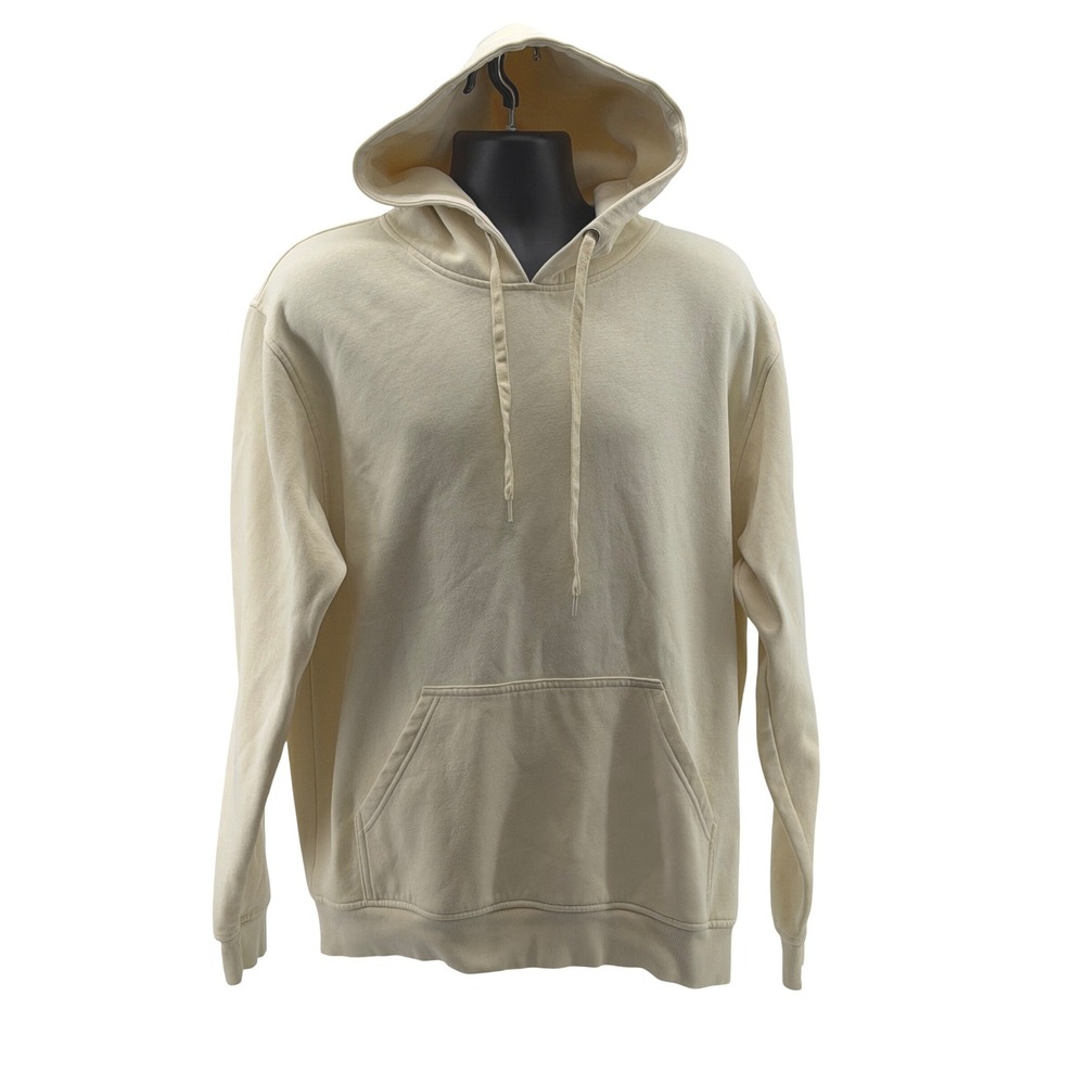 Cocoburry Hoodie Mens L Cream Beige Solid Pullover Kangaroo Pocket Fleece Lined